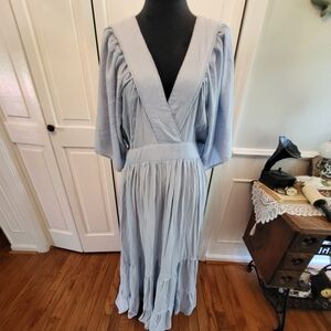 Baby blue  tiered maxi dress with open tie back sz M Cottagecore Wedding Coastal